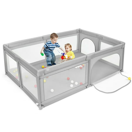 Gymax Extra-Large Safety Baby Fence Baby Playpen with 50 Ocean Balls Gray