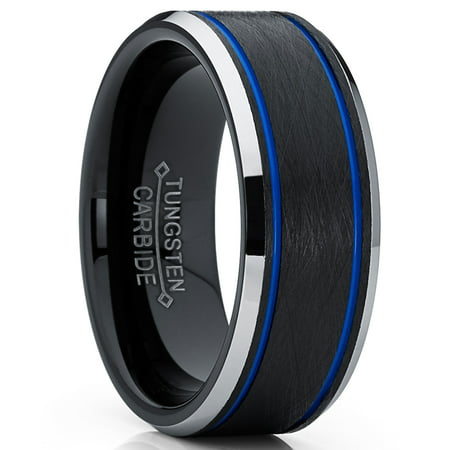 Men's Tungsten Carbide Black and Blue Textured Wedding Band Ring Comfort Fit 8mmBlack Blue,