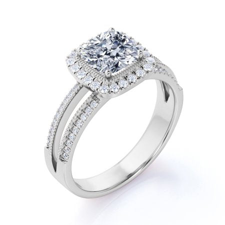 .63 ct Cushion Cut Real Diamond - Vintage Style - Engagement Ring - Split Shank - Halo Ring - 10K White Gold, 7