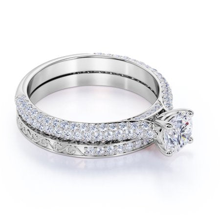 1.5 Carat Round Cut Moissanite Wedding Set - Bridal Set - Filigree Ring - Cluster Ring - 18k White Gold Over Silver, 7