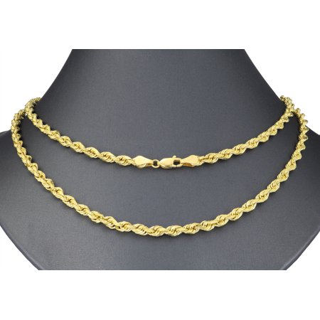 Nuragold 14k Yellow Gold 4mm Solid Rope Chain Diamond Cut Pendant Necklace, Mens Jewelry with Lobster Clasp 18" - 30"