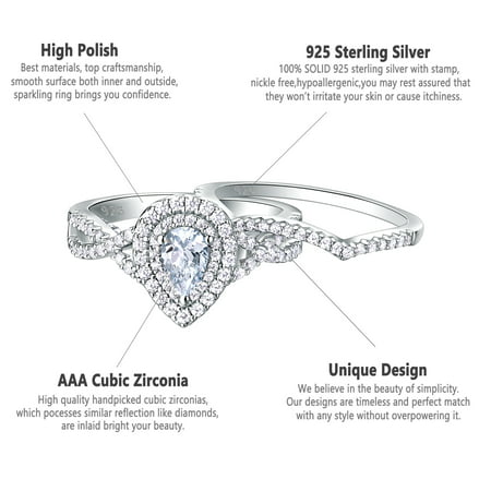 Newshe Wedding Rings for Women Engagement Ring Set Bridal Sterling Silver AAAAA Cz 1.7Ct Pear Size 13