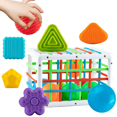 Sensory Toys, Baby Shape Sorter Toy, Montessori Developmental Toys for 1-3 Year Old, Storage Cube Bin & 12 Sensory Shape Blocks, Early Learning Toddler Toys, Fine Motor Skills, Boy Girl Birthday GiftMulticolor,