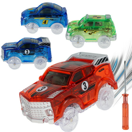 CIVG 4Pcs Kids Toy Car with 5 LED Light Glow in The Dark Racing Car Toy Battery Powered Light Up Car Model Toy Compatible with Most Tracks for Toddlers Aged 3 4 5 6 7 8Type: B- 2xblue green red,