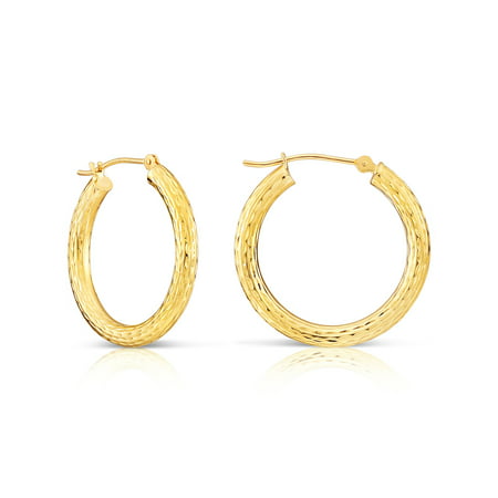 Tilo Jewelry 14k Yellow Gold Engraved Diamond-cut Round Hoop Earrings (25mm - 1 inch) Women, Girls
