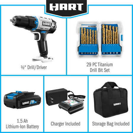 HART 20-Volt Cordless 1/2-inch Drill Kit with 29-Piece Accessory and 10-inch Storage Bag, (1) 1.5Ah Lithium-Ion Battery