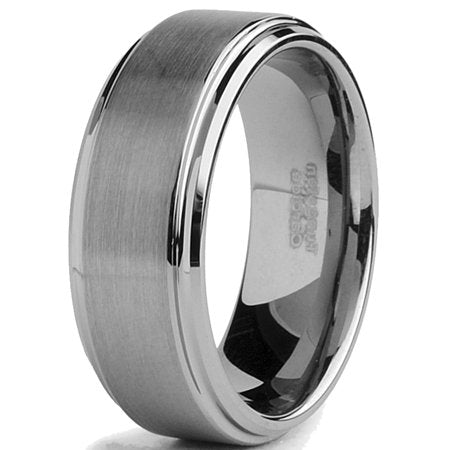 Tungsten Men's Wedding Band 8MM Brushed Finish High-Polish Silvertone Comfort-Fit Beveled Edges