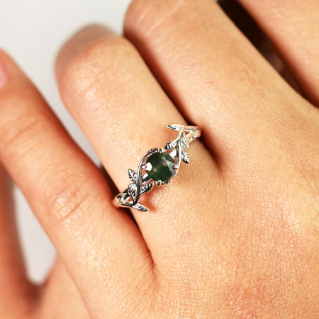 Nature Inspired 0.50 Carat Natural Green Moss Agate Solitaire Engagement Ring - Forest Ring - 18K White Gold Over SilverWhite,