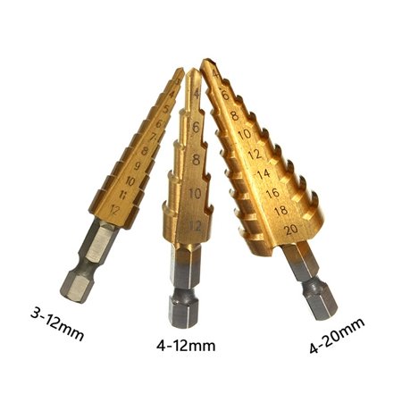 Willstar 3X HSS Step Cone Drill Titanium Coated Hole Cutter Bit Set 3-12 4-12/20 mm Pouch, Golden, 3 pcs set