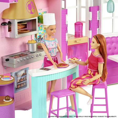 Barbie Cook ?n Grill Restaurant Playset Doll, 30+ Pieces & 6 Play Areas Including Kitchen, Pizza Oven, Grill & Dining Booth, Gift for 3 to 7 Year Olds