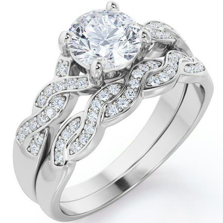 1.5 Carat Round Cut Moissanite Wedding Set - Bridal Set - Infinity Ring - Forever Ring - Promise Ring - 18k White Gold Over SilverWhite,
