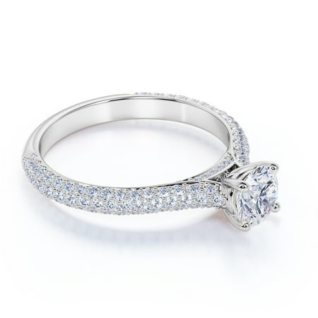 1 Carat - Real Round Brilliant Diamond - Micro Pave Set - Vintage Style Engagement Ring - 10K White Gold, White Gold, 7
