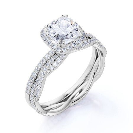 Infinity Styled 1.5 Carat Cushion Cut Moissanite Halo Wedding Set with Art Deco Band in 18k White Gold Over Silver, 7