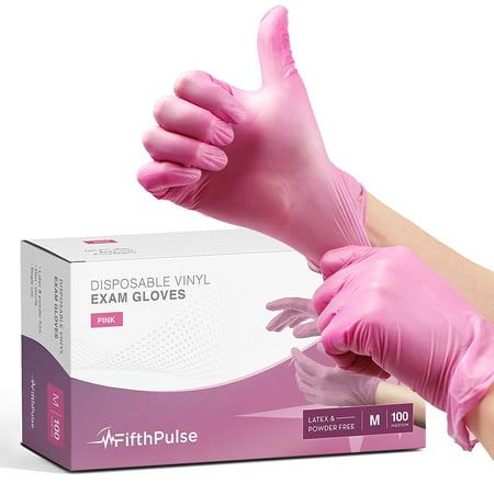 Fifth Pulse Vinyl Gloves, Multifunction Medical Grade Exam, Kitchen Gloves, All-Purpose Industrial Disposable Gloves Latex Free, Powder Free - Pink - Box of 100 Gloves (Medium), Pink, M