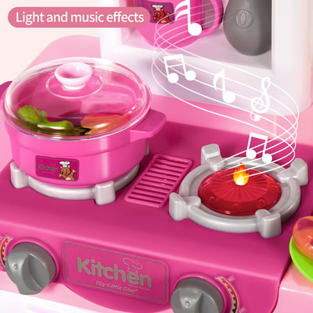 TEMI Play Kitchen Playset Pretend Food - 53-Pack Pink Kitchen Toys for Toddlers, Toy Accessories Toddler Set with Real Sounds and Lights, Toddler Outdoor Playset for Kids, Girls & Boys Christmas Gift