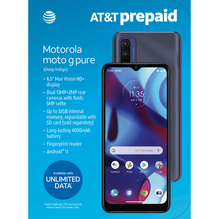AT&T Motorola, Moto G Pure, 32GB, Deep Indigo - Prepaid Smartphone