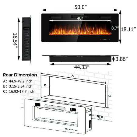 Costway 50" Electric Fireplace Recessed Ultra Thin Wall Mounted Heater, 50"