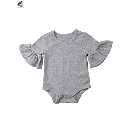 Sixtyshades Newborn Infant Baby Girls Clothes Long Flared Sleeve Romper Jumpsuit Bodysuit for 0-24 Months Baby (Gray)