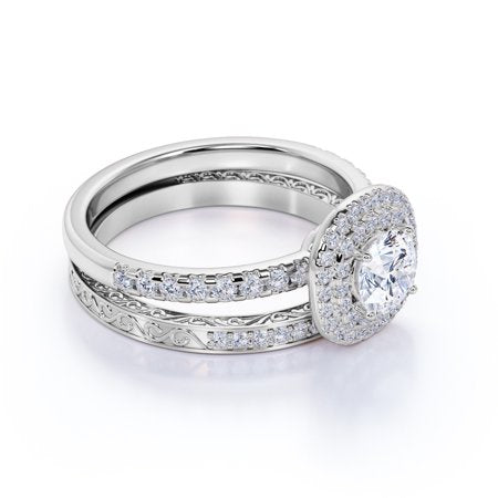 1.25 ct - Round Genuine - Diamond - Double Halo - Pave Accents - Vintage Wedding Ring Set - 10K White Gold, White Gold, 7