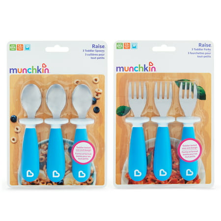 Munchkin Raise Toddler Forks and Spoons, 6 Pack, Blue, 12+ months, Blue, 6 Pack