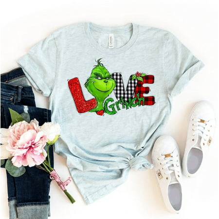 Love Grinch T-shirt Cute Xmas Shirt Christmas Tee Family Shirts Women's Holiday Tshirt Party Lover Gift Sarcastic Top, Heather Ice Blue, M