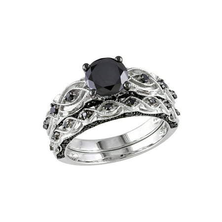 1.39 Carat (Ctw) Black Diamond Engagement Ring and Wedding Band Set in 10K White Gold