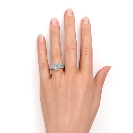 Unique 1.25 Carat Real Moissanite Wedding Trio Ring Set with Engagement Ring and 2 Wedding Bands in 18k Gold Over Silver