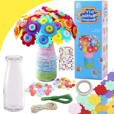 Homaful Flower Craft Kit for Kids Colorful Buttons and Felt Flower Kit Vase Arts Toy Craft Project for Girls and Boys Fun DIY Activity Gift for Children Ages 4 5 6 7 8 9 Years Old Birthday Xmas Gift