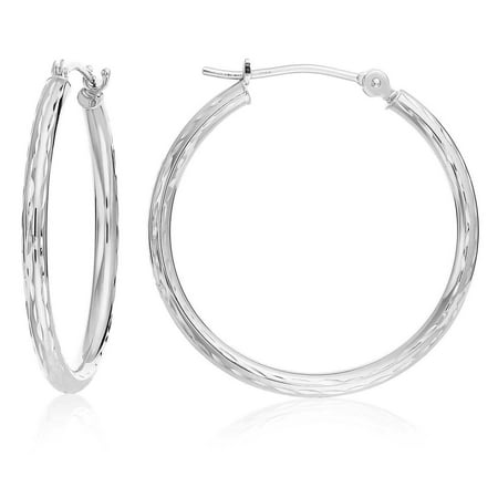 Tilo Jewelry 14k White Gold Diamond-cut Engraved Round Hoop Earrings (25mm-1") Women, Girls