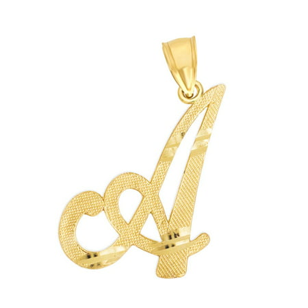 10K Solid Real Yellow Gold Personalized Cursive A Initial Pendant Necklace, Available in Different Letters Charm with Diamond Cut Gifts for Her