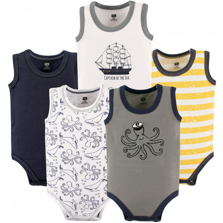 Hudson Baby Infant Boy Cotton Sleeveless Bodysuits 5pk, Sea Captain, 0-3 Months, Sea Captain, 0-3 Months