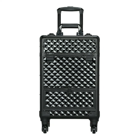 Yaheetech Aluminum Cosmetic Case Professional Makeup Train Case, Large Capacity Trolley Makeup Case with 4 Retractable Trays & 1 Smooth Sliding Drawer Black