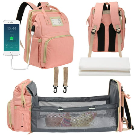 Travel Diaper Bag Backpack for Baby, Portable Waterproof Mommy Crib Multi-Functional Baby Bed Bag with Changing Station Bed and USB Charging PortPink,