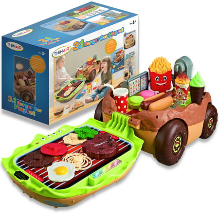 Thin Air Toys Burger Car Kids? Kitchen Playset with Lights & Sounds | Cute Burger-Shaped Toy Car Unfolds to Reveal Toy Grill, Realistic Toy Food & Toy Restaurant / Food Truck for Kids 3 & Up