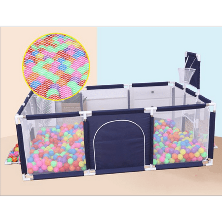 91 Inch Large Kid Baby Playpen Playard With Basketball Hoop,Folding Breathable Mesh Infant Children Play Game Fence for Indoors Outdoors HomeBlue,