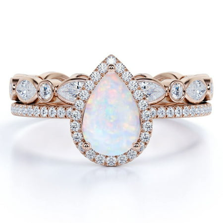 1.1 ct Halo Pear Shaped Fire Opal and Moissanite Engagement Ring Set in 18K Rose Gold over Silver