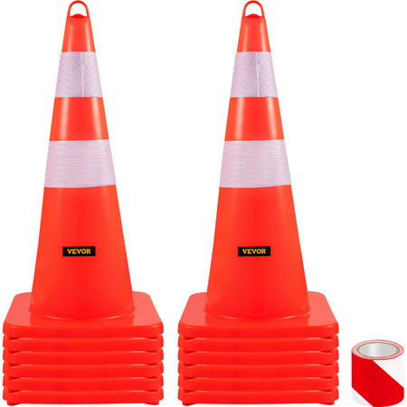 VEVORbrand Safety Cones, 12 x 28" Traffic Cones, PVC Orange Construction Cones, 2 Reflective Collars Traffic Cones with Weighted Base and Hand-Held Ring Used for Traffic Control, Driveway Road Parking