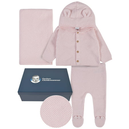 Gerber Baby Boy or Girl Unisex Ear Knit Hooded Sweater, Pant & Soft Blanket Outfit Set with Gift Box, 3-Piece, (Newborn-3/6 Months), Pink, Newborn