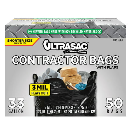 Ultrasac Trash Bags Heavy Duty 3 Milliliter, 39' x 32' Shorter 33 Gallon Black Version, 50 Pack with Ties
