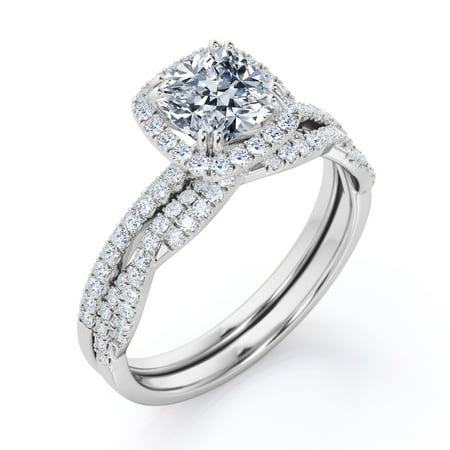 1.5 Carat cushion cut Moissanite and Diamond Halo Wedding Ring Set in 10k White Gold
