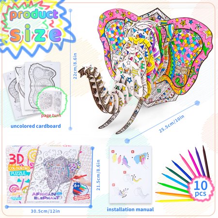 3D Coloring Puzzle Set Art Coloring Painting Puzzle for Kids Age 7-12  Puzzles Crafts with Pen Markers Creative DIY Toy Gift