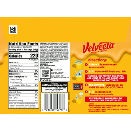 Velveeta Shells and Cheese Original Macaroni and Cheese Cups Easy Microwaveable Dinner, 8 ct Pack, 2.39 oz Cups, NA, NA