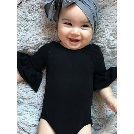Sixtyshades Newborn Infant Baby Girls Clothes Long Flared Sleeve Romper Jumpsuit Bodysuit for 0-24 Months Baby (Gray)