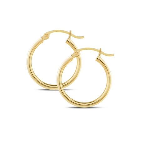 14k Yellow Gold Classic Shiny Polished Round Hoop Earrings for Women, 2mm Tube x 10-65mm Diameters, 10 mm