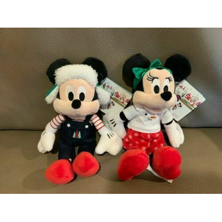 Mickey & Minnie Mouse 8" Disney Holiday Christmas Set Plush Mini Bean Bag New