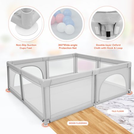Costway Baby Playpen Infant Large Safety Play Center Yard w/ 50 Ocean Balls Grey, Gray