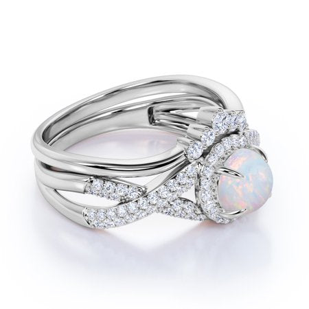 1.25 Vintage Round Blue Fire Opal and Moissanite Wedding Ring Set in 18K White Gold over SilverWhite,
