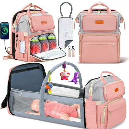 Diaper Bag Backpack, Campmoy 8 in 1 Large Diaper Bag with Changing Station, 900D Oxford Waterproof Diaper Bag with Unique Toy Hanging Rod Bassinet for Boys Girl(Pink)Pink,