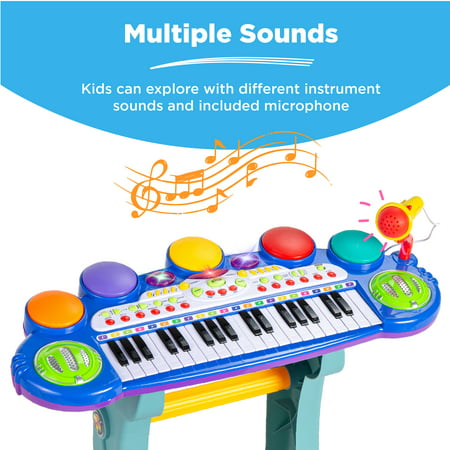 Best Choice Products 37-Key Kids Electronic Piano Keyboard w/ Multiple Sounds, Lights Microphone, Stool - BlueBlue,