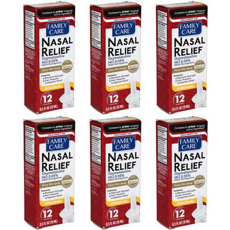 Family Care Nasal Relief Spray, 12 Hour Pump Mist, 0.5 fl. Oz., Severe Congestion, Oxymetazoline HCI Nasal Decongestant, Compare to Afrin Original Nasal Spray, 6 Pack